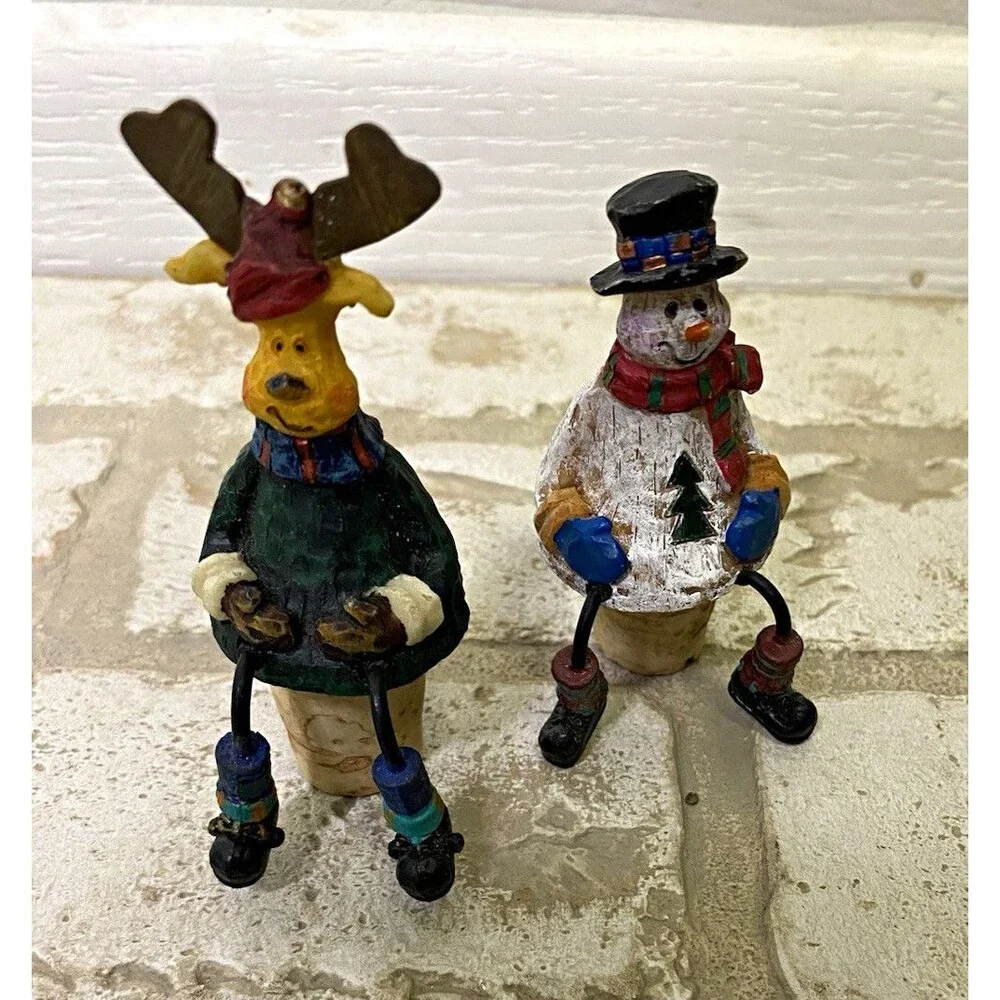 Christmas Holiday Reusable Cork Bottle Stopper Set 2pc Snowman & Moose 4in